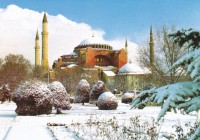 Ancient Hagia Sofia in the snow in Istanbul