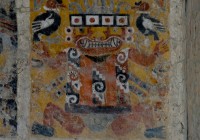 Colourful pre-Incan wall paintings in Huaca el Brujo. Visit them on our Peru Tours.