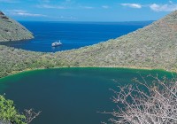 The striking marine colours of Tagus Cove on a Galapagos Cruise.