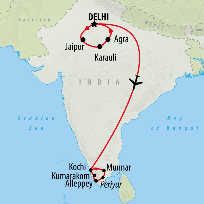 Map of Golden Triangle & Kerala - 15 days