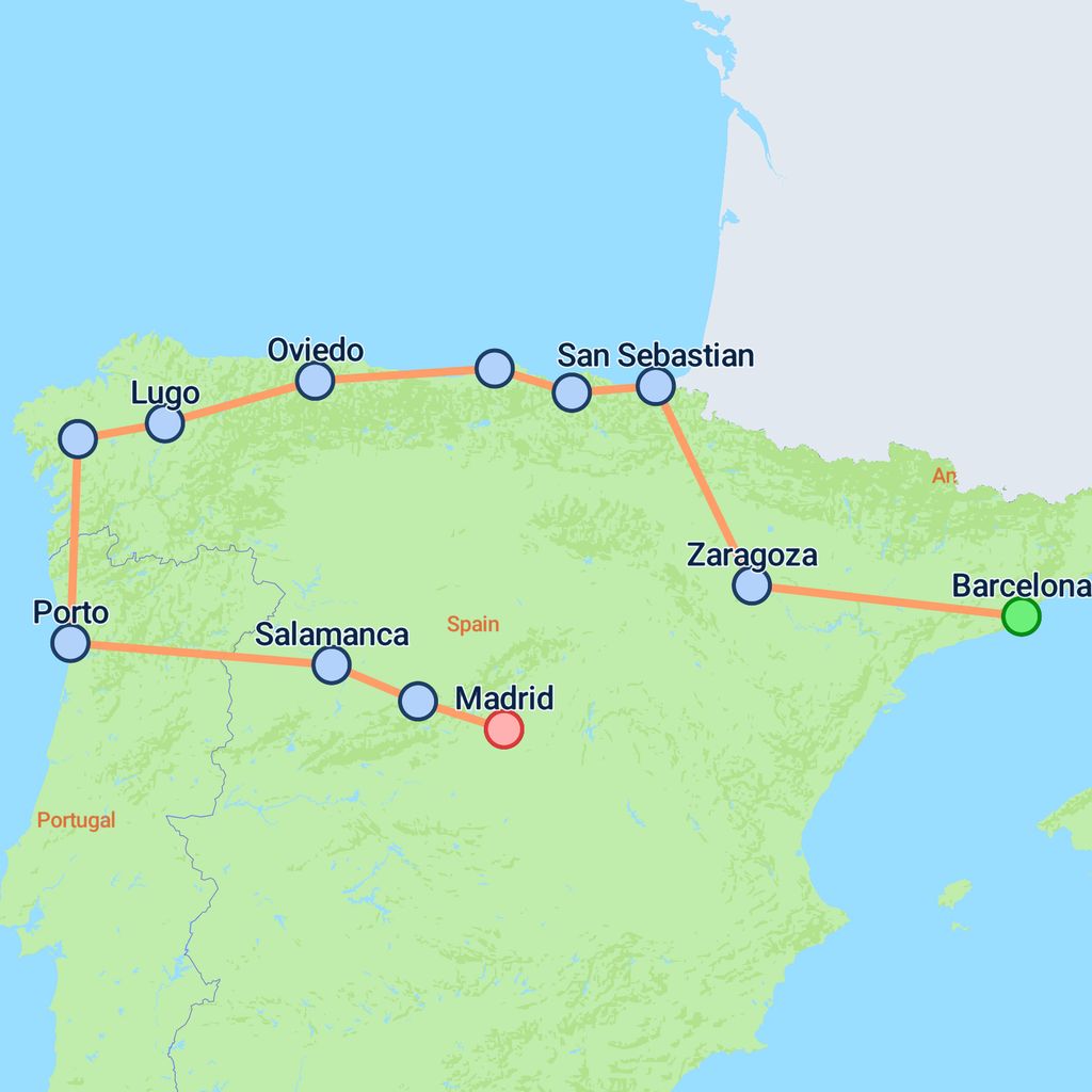 OBSOLETE Barcelona, Galicia, Porto & Madrid - 13 days map