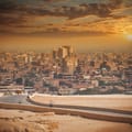 The city of Cairo at the end of a dusty path in front of the setting sun