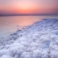 Salt encrusted rim of the Dead Sea at sunset