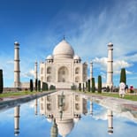 The Taj Mahal reflected in the water in Agra