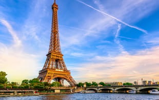 Paris Eiffel Tower and river Seine at sunset in Paris