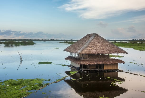 A thatched-roof hut on the shallow banks of the Amazon River near Iquitos, Peru