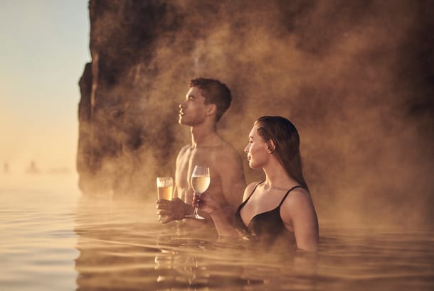 Couple at Sky Lagoon in Iceland - GIVE CREDIT