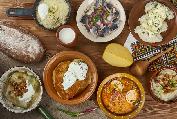 Lithuanian cuisine, Baltic Traditional assorted dishes, Top view