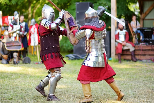 Two knight fighting during Middle Ages festival in Vilnius, Lithuania