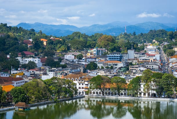 View of Kandy with mountains and lake