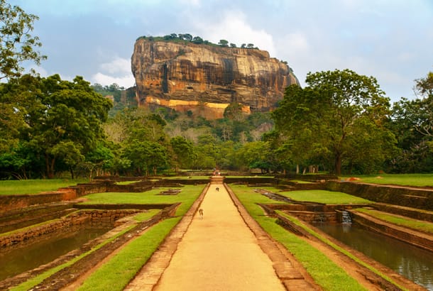 View of Sigiriya rock fortress through the water gardens