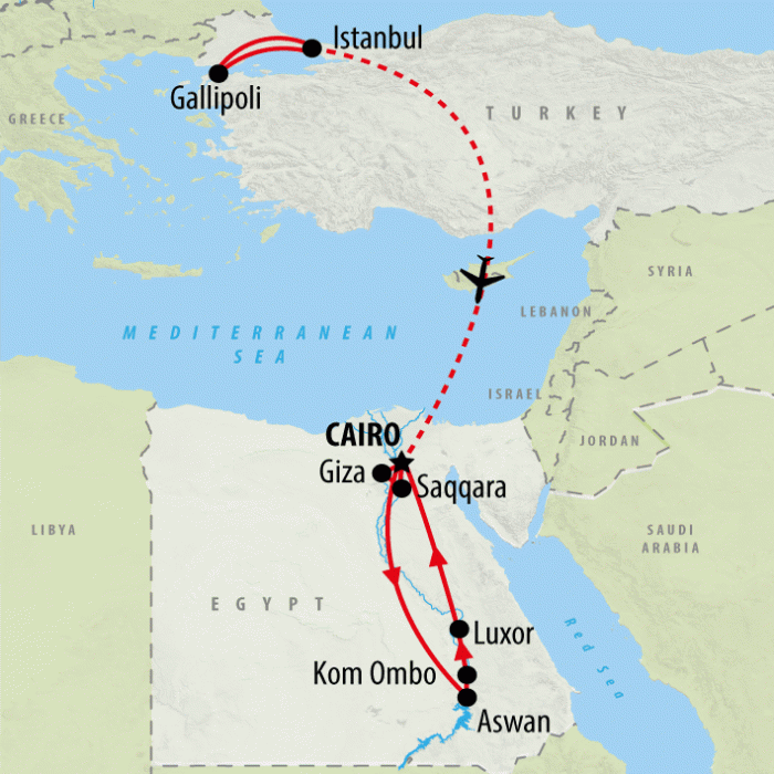 tourhub | On The Go Tours | Essential ANZAC & Egypt 2025 - 11 days | Tour Map