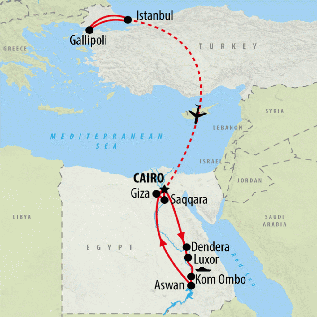 ANZAC & Classical Egypt with Nile Cruise 2025 - 15 Days map