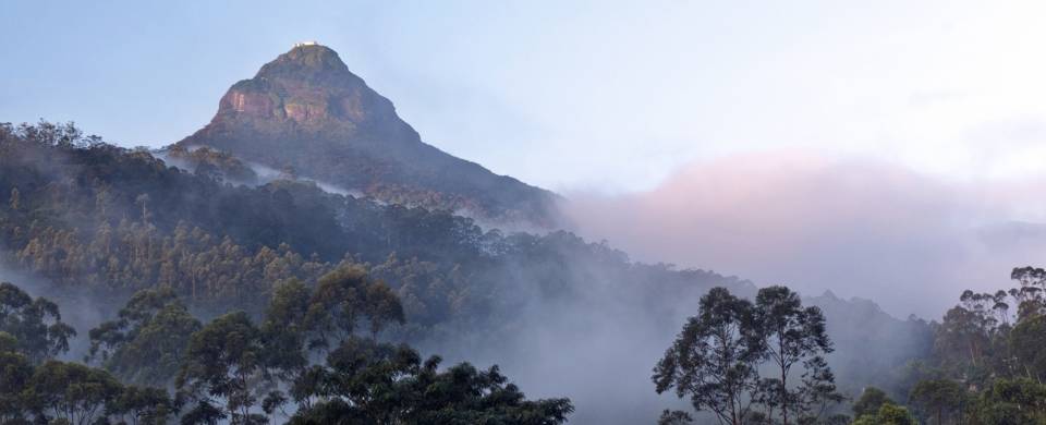 Mist hovering around the base of Adam's Peak in Sri Lank at daybreak