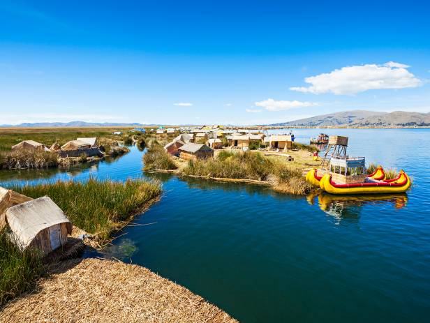 Traditional reed boats on the water of the Lake Titicaca