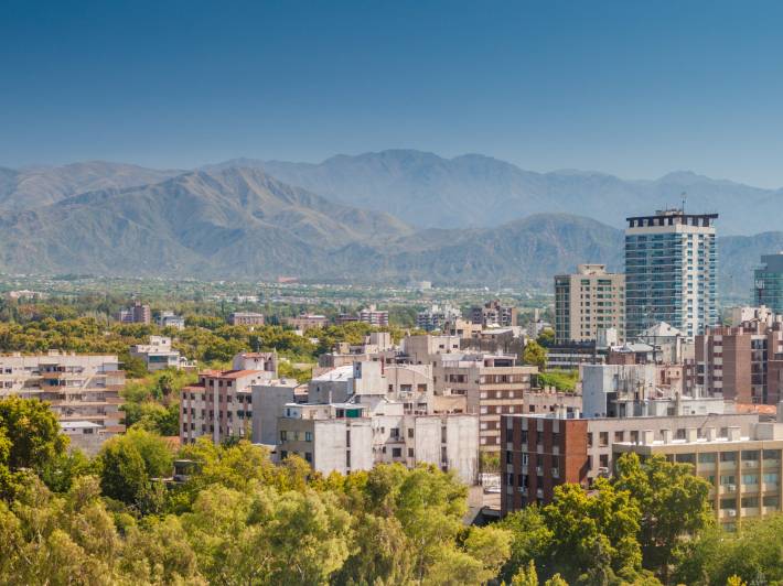 Aerial view of Mendoza, with mountains in background