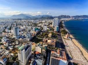 Aerial view of Nha Trang with mountain backdrop, Vietnam