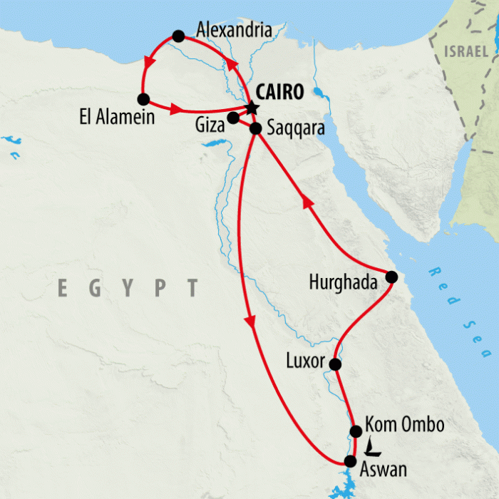 tourhub | On The Go Tours | Alexandria, Ancient Egypt & Red Sea with Cruise - 16 days | 2584/AERNC | Route Map