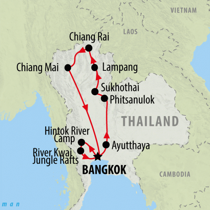 tourhub | On The Go Tours | Ancient Thailand & River Kwai - 10 days | Tour Map