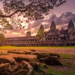 Dramatic sunset at Angkor Wat in Cambodia