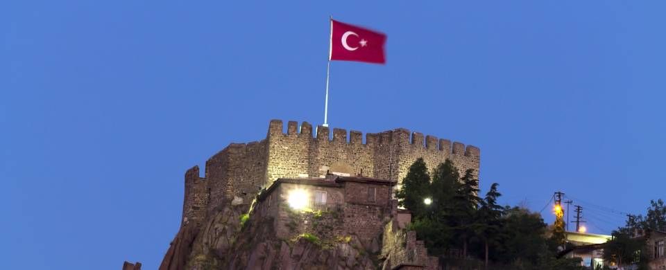 Ankara Castle with Turkish flag on top in Ankara