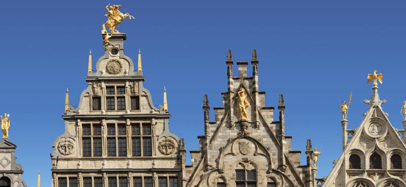 Image of the tops of guild houses that stand on the main town square of Antwerp in Belgium