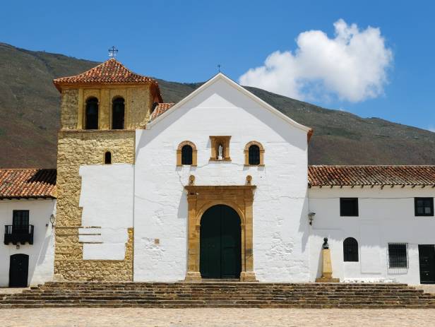 The attractive colonial architecture of Villa de Leyva with a mountainous backdrop