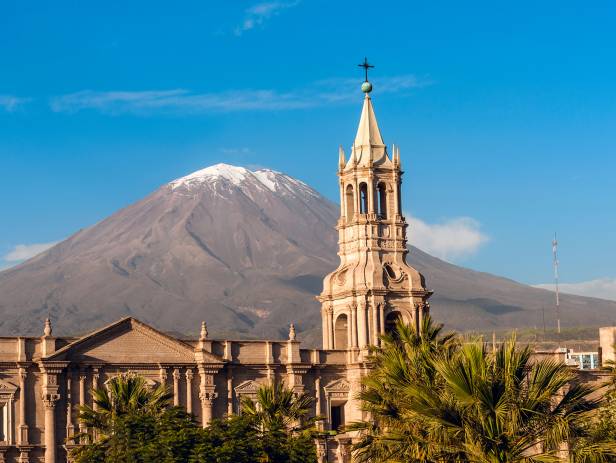 Main plaza in Arequipa sparkling with bright lights at night