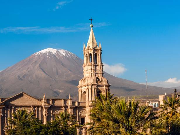 Main plaza in Arequipa sparkling with bright lights at night