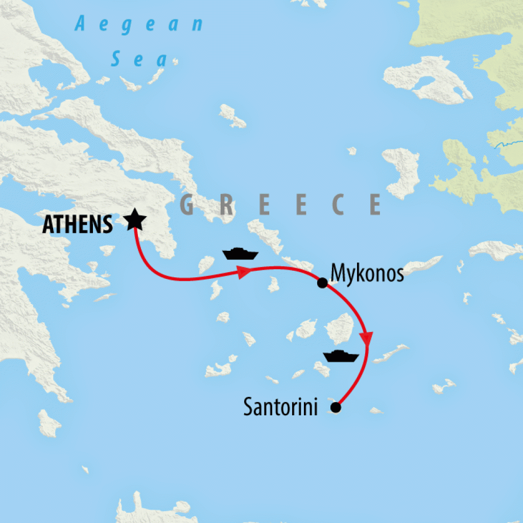 Athens to Mykonos & Santorini - 7 days map