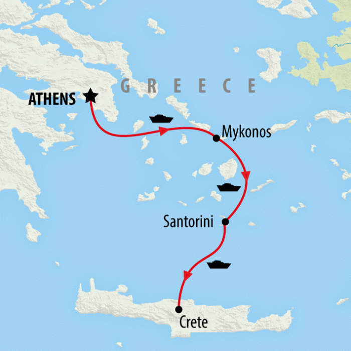 tourhub | On The Go Tours | Athens to Mykonos, Santorini & Crete - 9 days | 2888/AMSC | Route Map