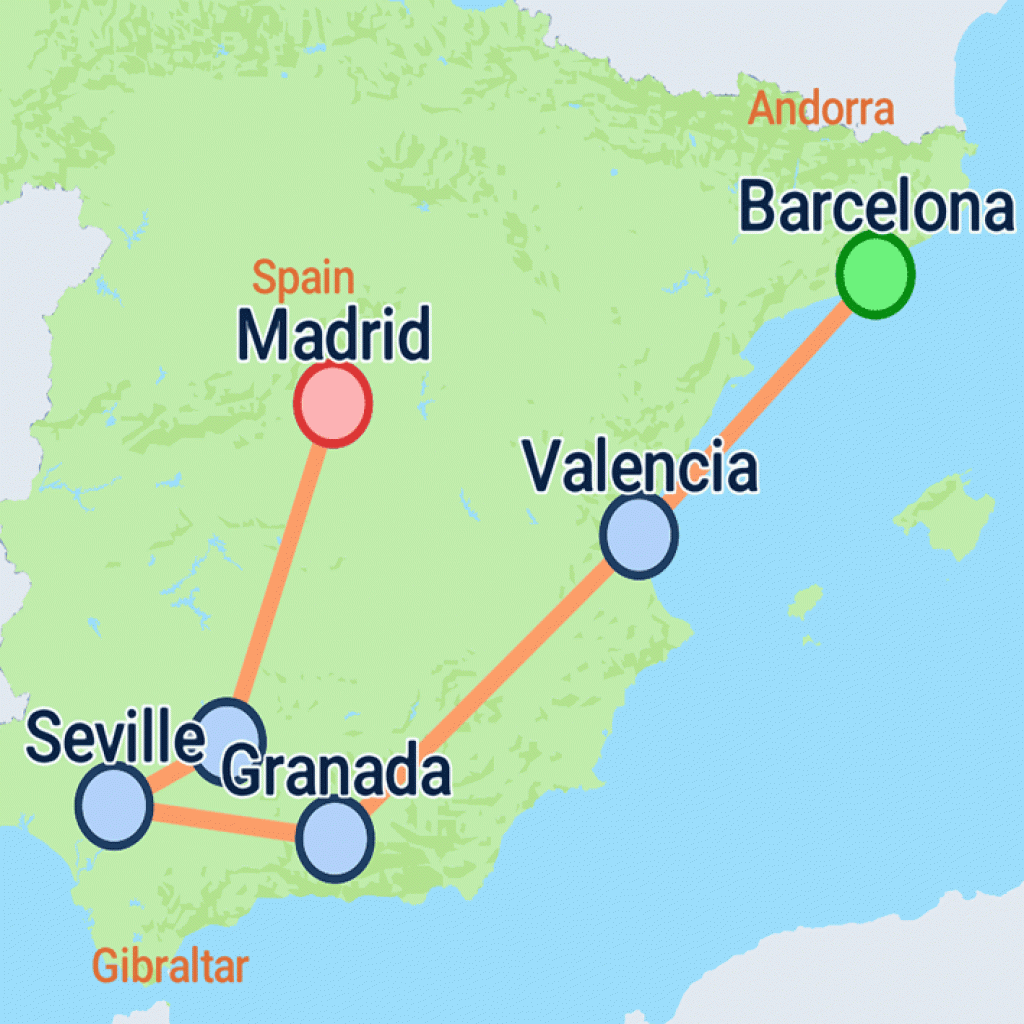 Barcelona to Andalusia & Madrid - 9 days  Map