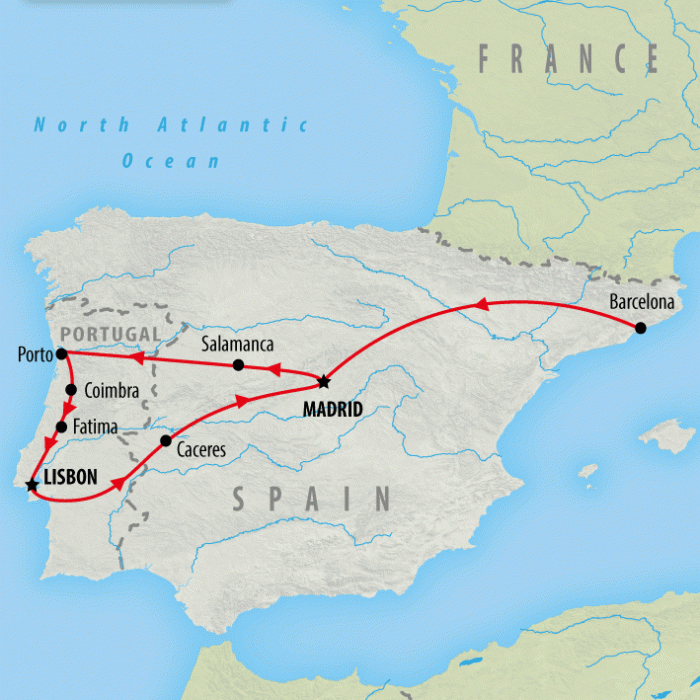 tourhub | On The Go Tours | Barcelona, Madrid, Porto & Lisbon - 11 days  | Tour Map