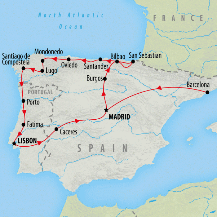 tourhub | On The Go Tours | Barcelona to Northern Spain & Portugal - 18 days | Tour Map