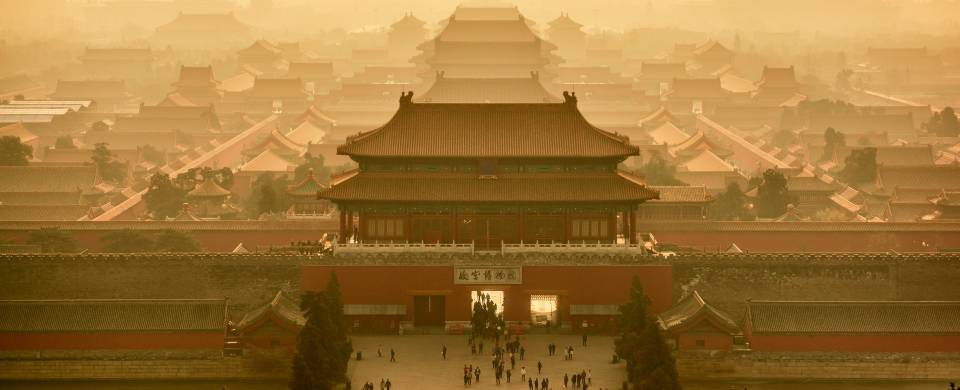 Beijing cityscape with a view of the sprawling Forbidden City palace complex from above