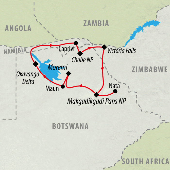 tourhub | On The Go Tours | Best of Botswana & Victoria Falls - 12 days | Tour Map