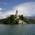 An arial view of the islet in the centre of Lake Bled