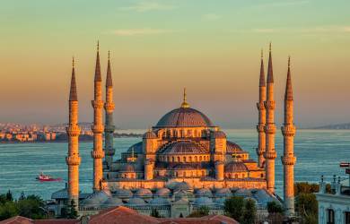 The stunning Blue Mosque at sunset in Istanbul, Turkey