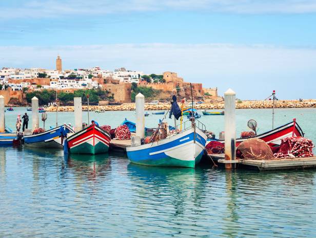 Fishing boats in a line outside of Rabat, Morocco's capital