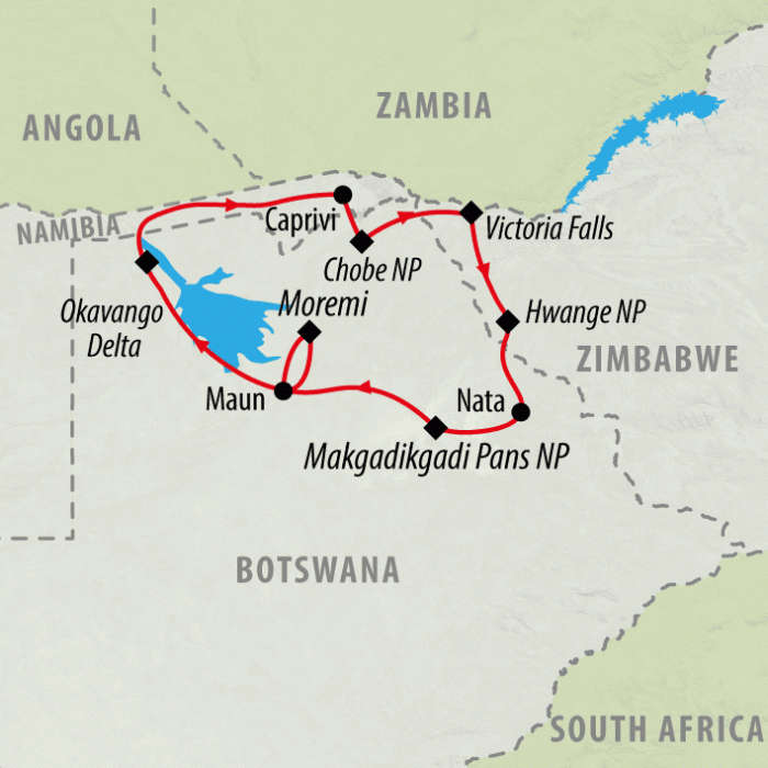 tourhub | On The Go Tours | Botswana & Zimbabwe Uncovered - 13 days | Tour Map