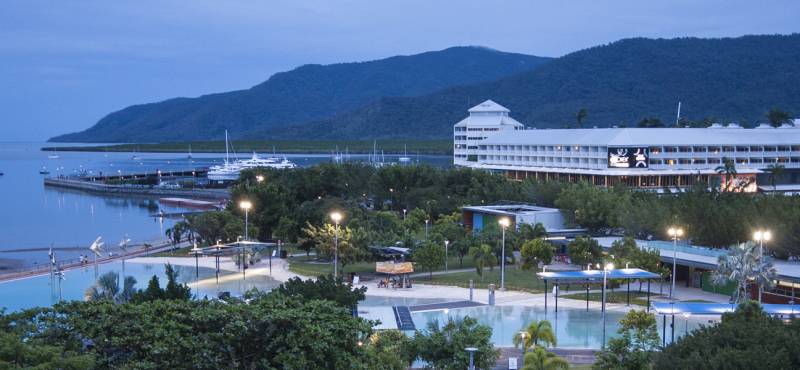 View of Cairns Esplanade and Lagoon at dusk