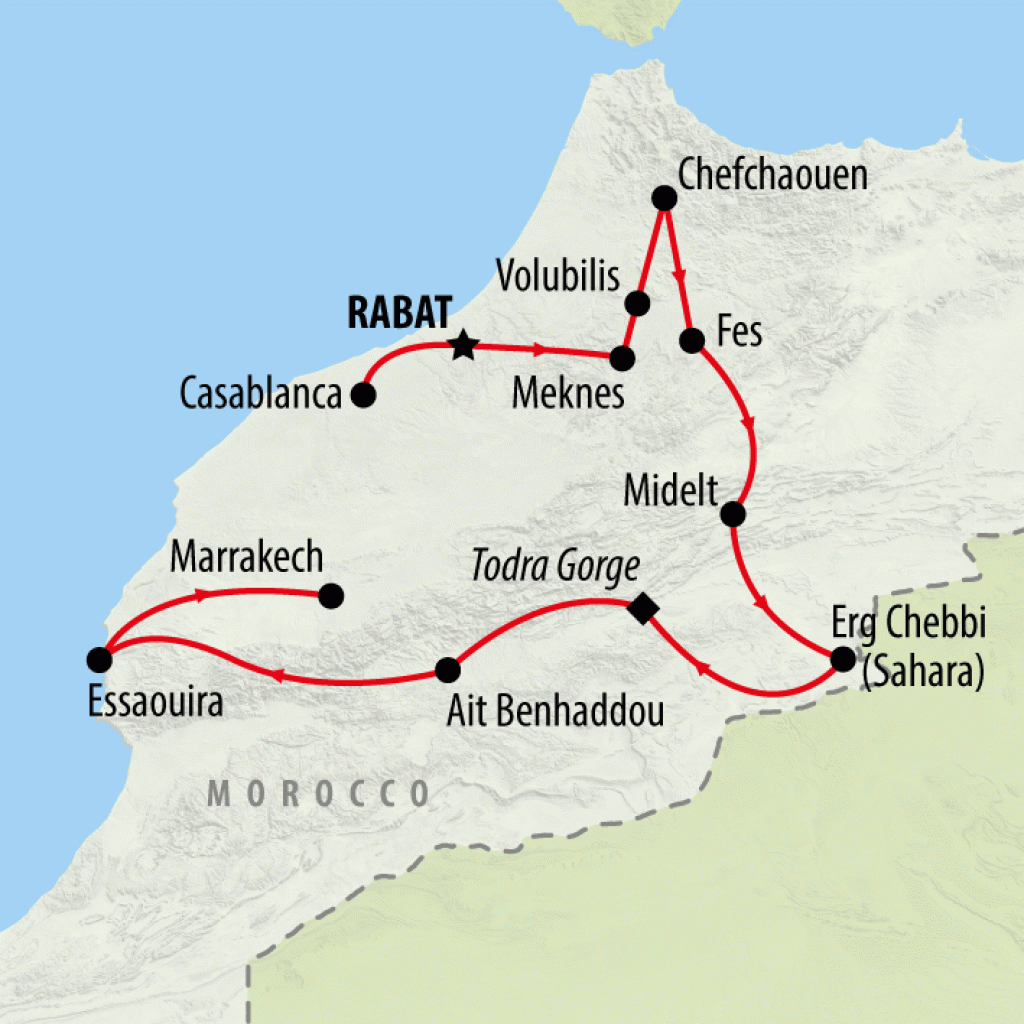 Camels, Souks & Kasbahs from Casa - 14 days map