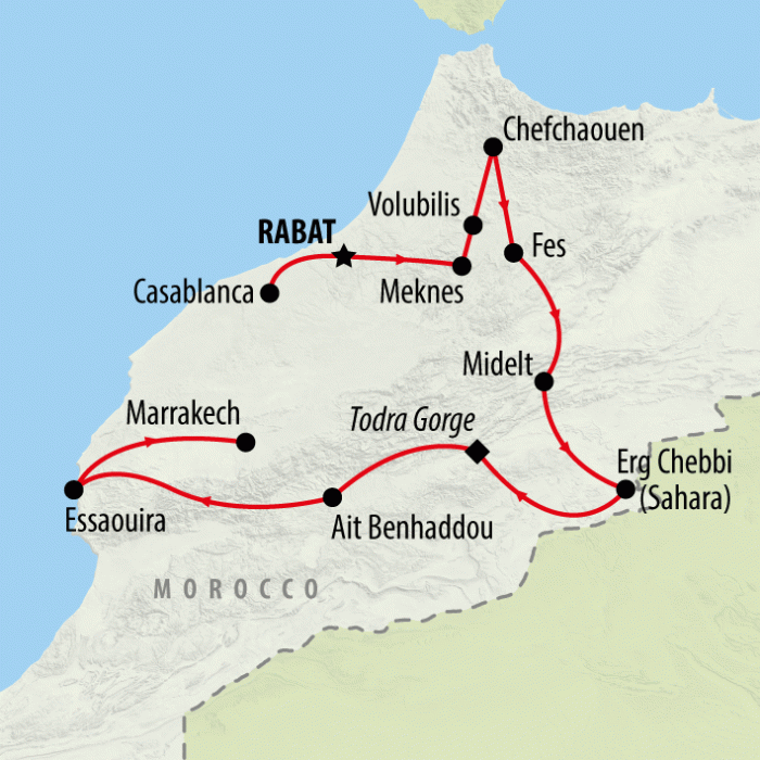 tourhub | On The Go Tours | Camels, Souks & Kasbahs from Casa - 14 days | Tour Map