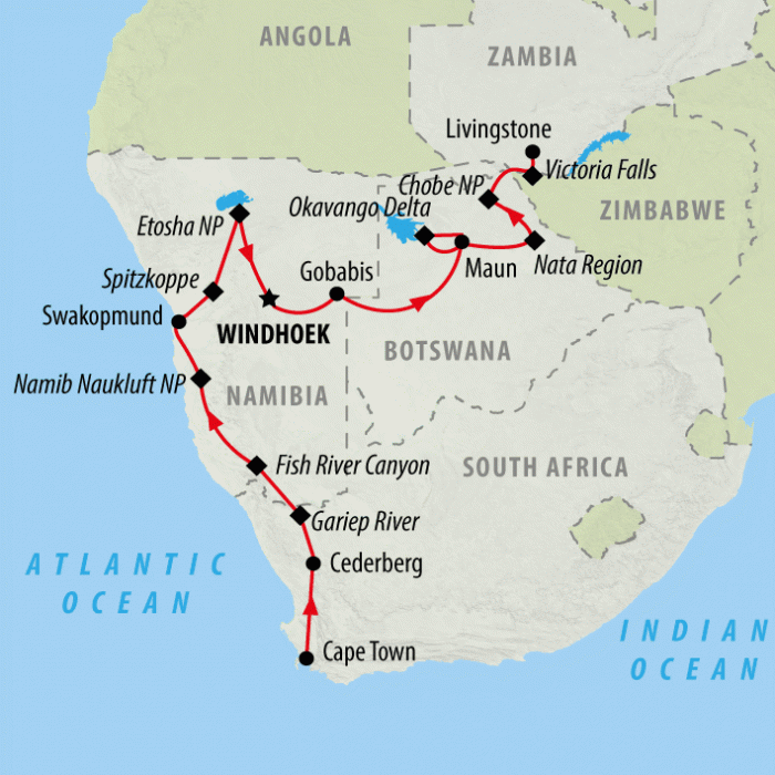 tourhub | On The Go Tours | Cape, Delta & Falls (Accommodated) - 19 days | Tour Map