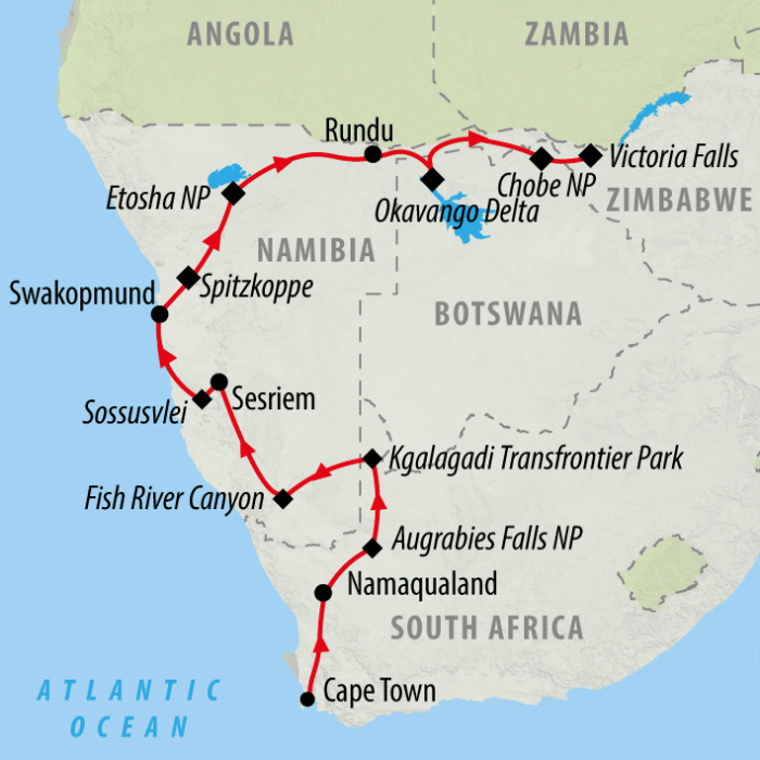 tourhub | On The Go Tours | Southern Africa Cape to Falls - 20 days   | Tour Map