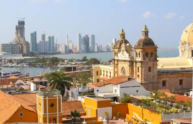 Old meets new with the churches and skyscrapers of Cartagena in Colombia