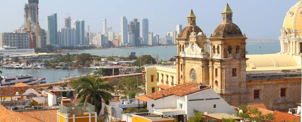 Old meets new with the churches and skyscrapers of Cartagena in Colombia