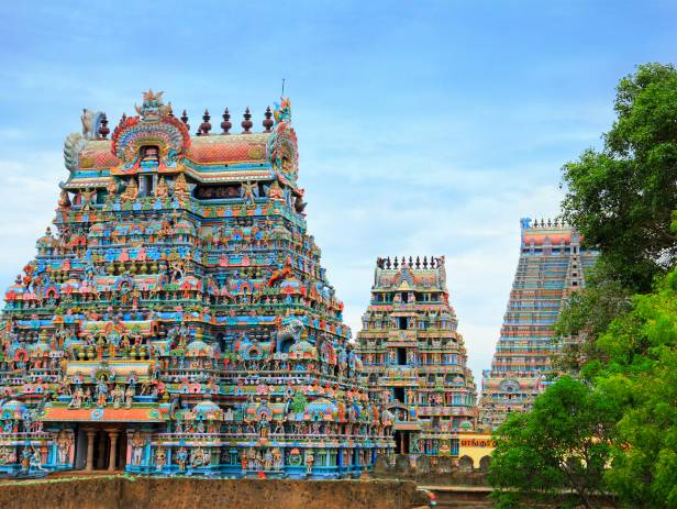 The stunning colours of the faces on the Gopura in Chennai