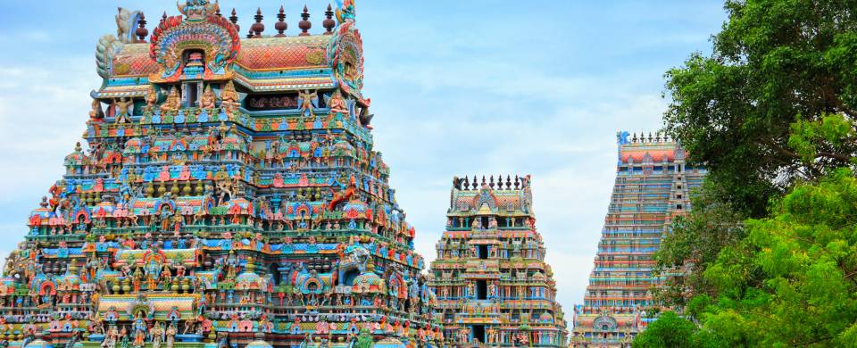 The stunning colours of the faces on the Gopura in Chennai