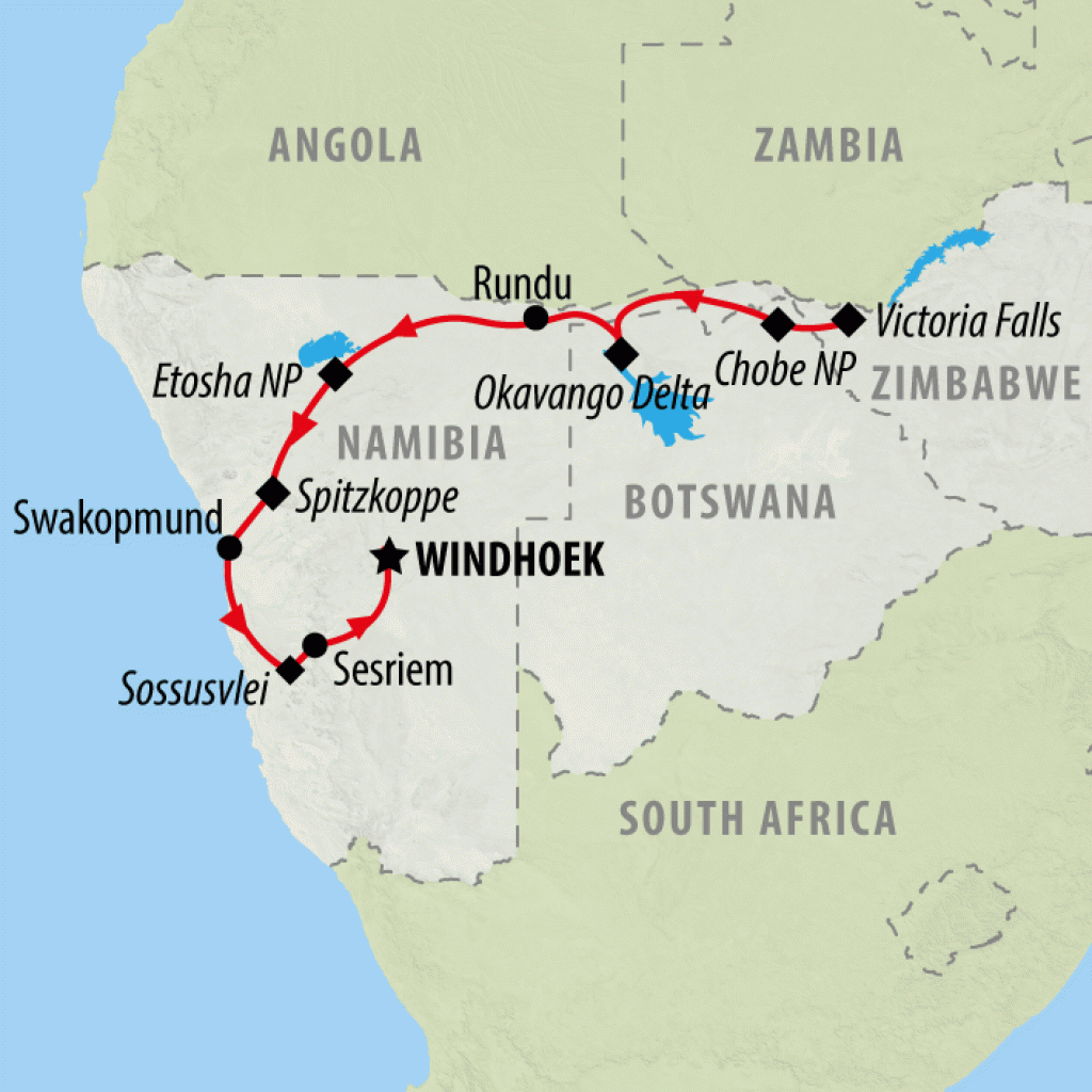 Chobe, Okavango & Etosha - 14 days map